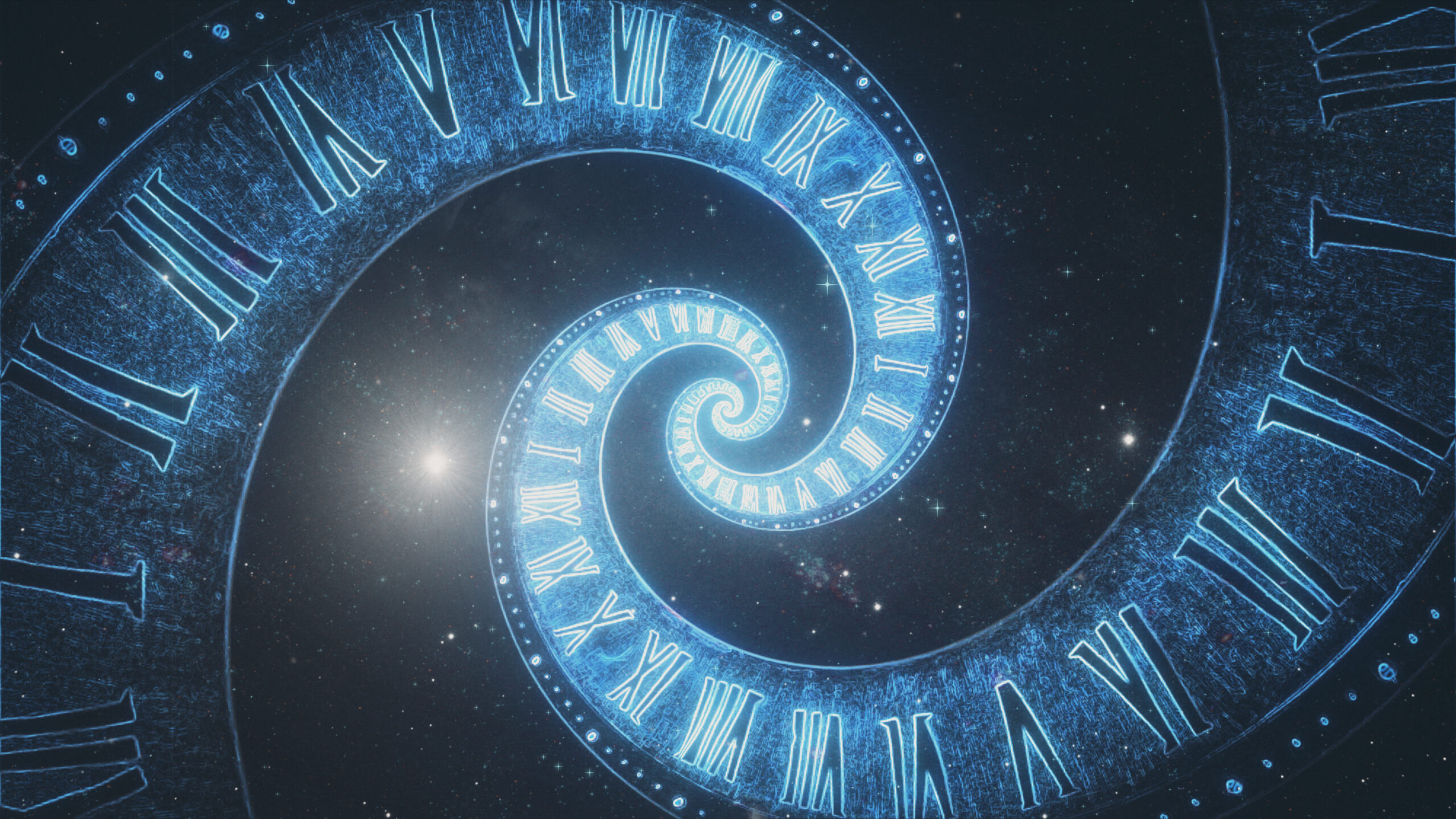 The composition of the space of time, the flight in space in a spiral of Roman clocks 3d illustration