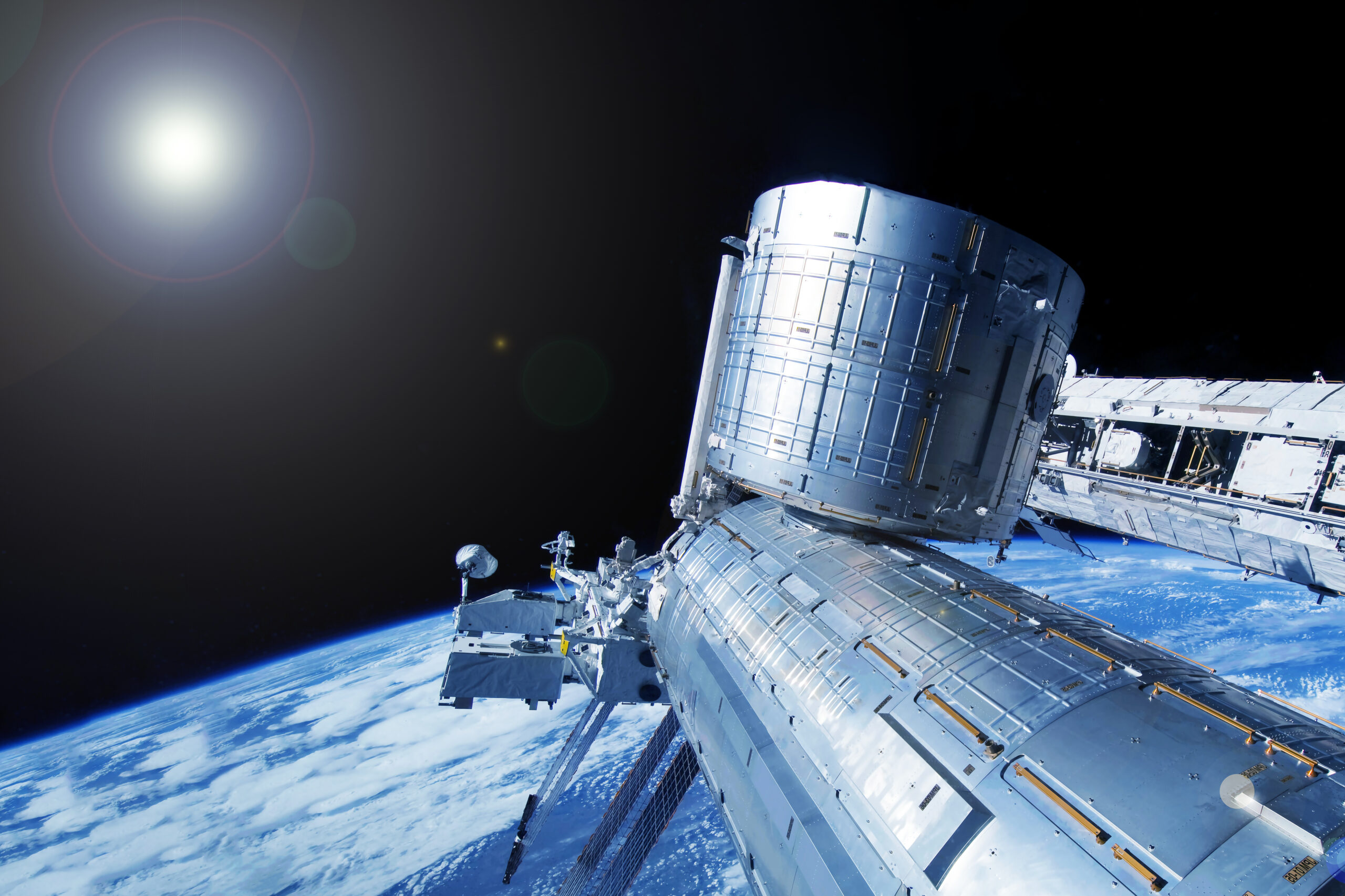 Iss over the planet Earth. Elements of this image furnished by NASA