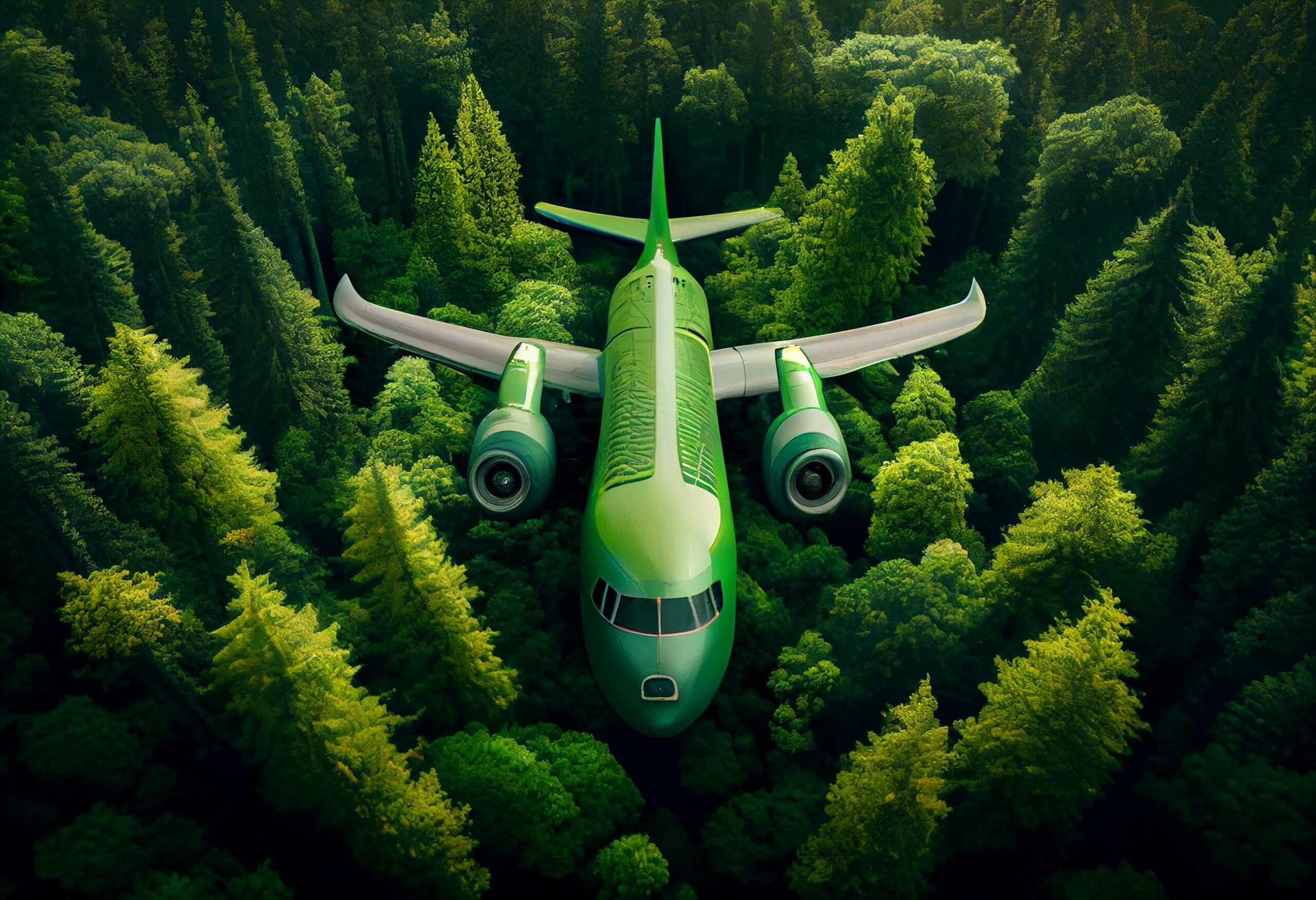 green plane, eco-friendly aircraft, hydrogen plane, airplane shaped green forest. Generative AI